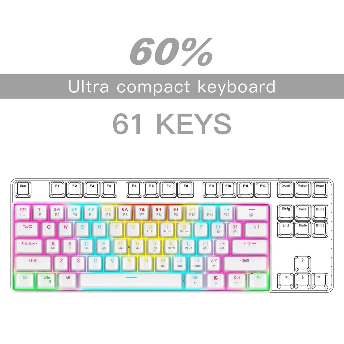 RAZEAK Portable 60% Mini Mechanical Keyboard - 61 Keys, Red Switch, Colorful Backlit, White - Model X44-WT-RS