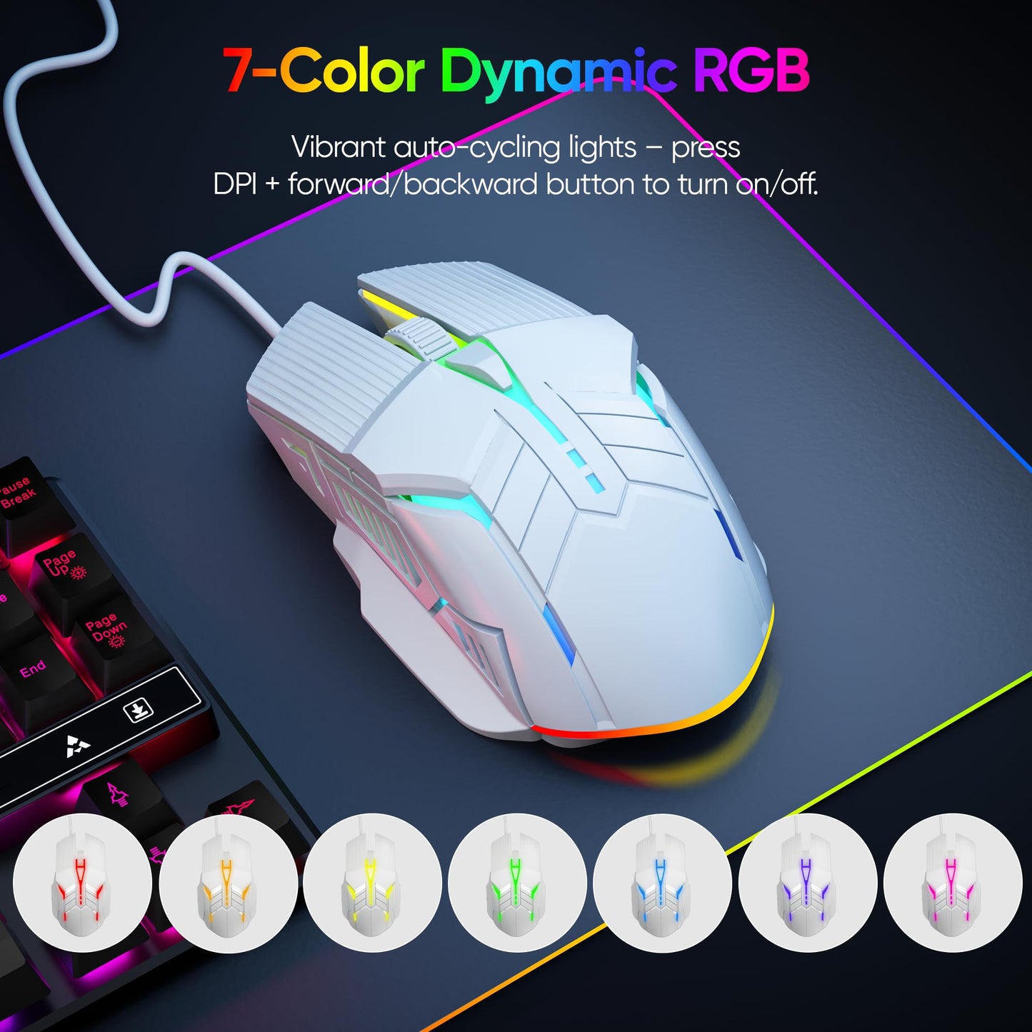 MELOGAGA Wired Gaming Mouse - Lightweight USB Optical, 7-Color RGB, 4 Adjustable DPI, Ergonomic Design, Model S800, White