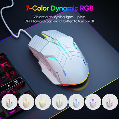 MELOGAGA Wired Gaming Mouse - Lightweight USB Optical, 7-Color RGB, 4 Adjustable DPI, Ergonomic Design, Model S800, White