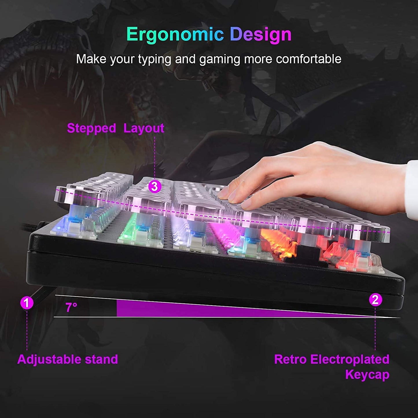 YSCP Mechanical Gaming Keyboard - Typewriter Style, LED Rainbow Backlit, Blue Switch, Retro Round Keycaps, One Size, Black