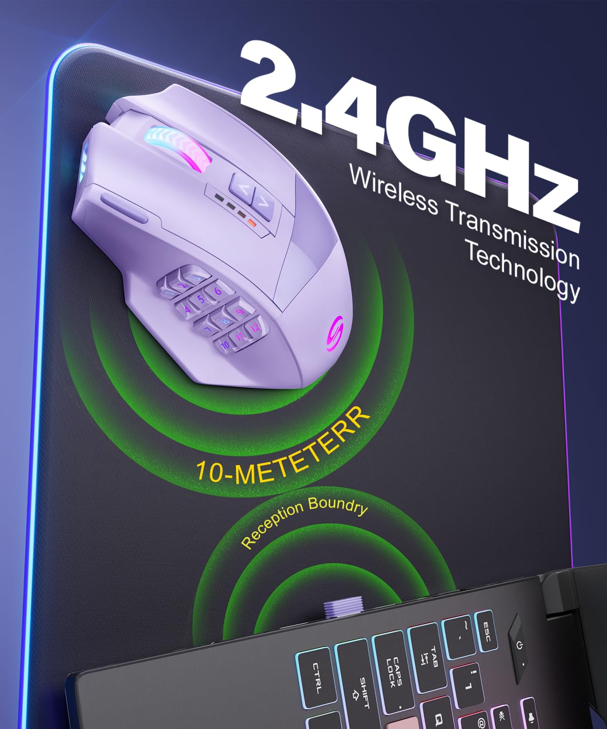 UtechSmart Venus Pro Wireless MMO Gaming Mouse - 16,000 DPI, 16 Programmable Buttons, Ergonomic Design, Purple