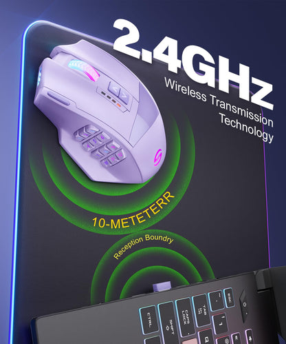 UtechSmart Venus Pro Wireless MMO Gaming Mouse - 16,000 DPI, 16 Programmable Buttons, Ergonomic Design, Purple