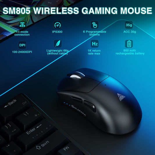 SOLAKAKA SM805 Wireless Gaming Mouse, 24000 DPI, BT5.0/2.4G/Type-C, Black, Lightweight with 2 Side Buttons, Ergonomic Design