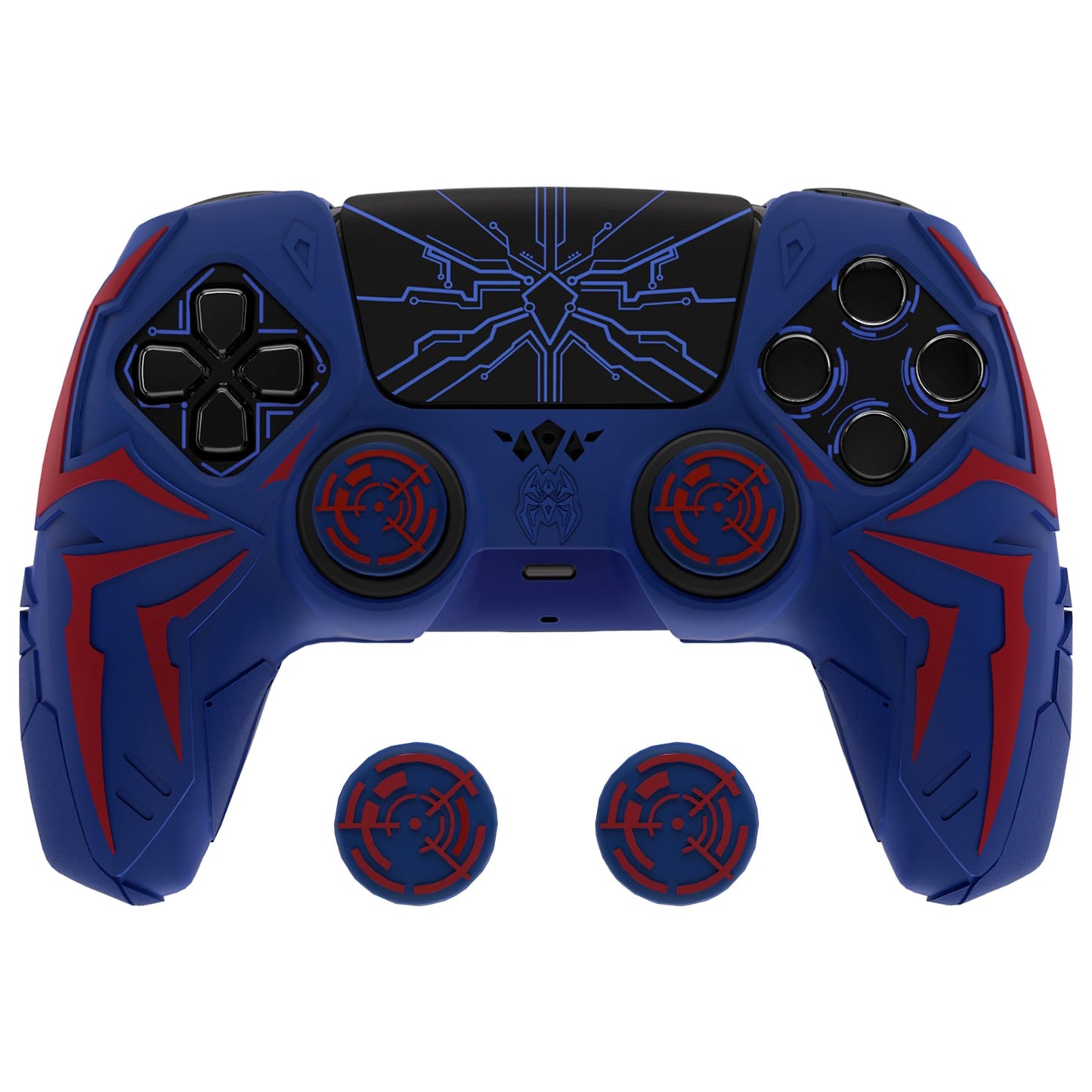 PlayVital Design for ps5 Controller Silicone Case with 2 Thumb Grips and 6 Sticker  Cyber Spider Design  Slip-Resistant Shockproof Controller Cover Skin  Fits for Charging Dock  Red & Blue