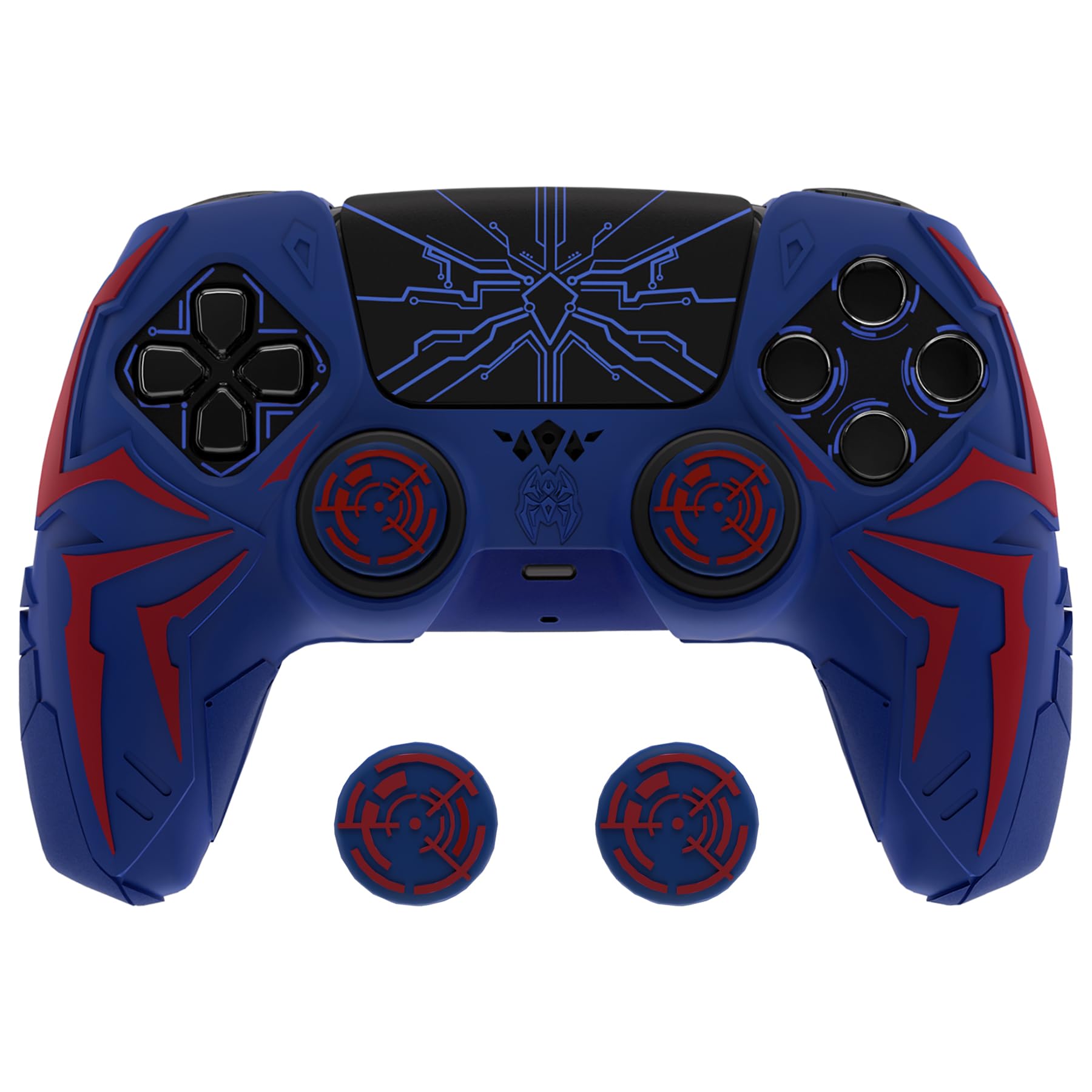 PlayVital Design for ps5 Controller Silicone Case with 2 Thumb Grips and 6 Sticker  Cyber Spider Design  Slip-Resistant Shockproof Controller Cover Skin  Fits for Charging Dock  Red & Blue