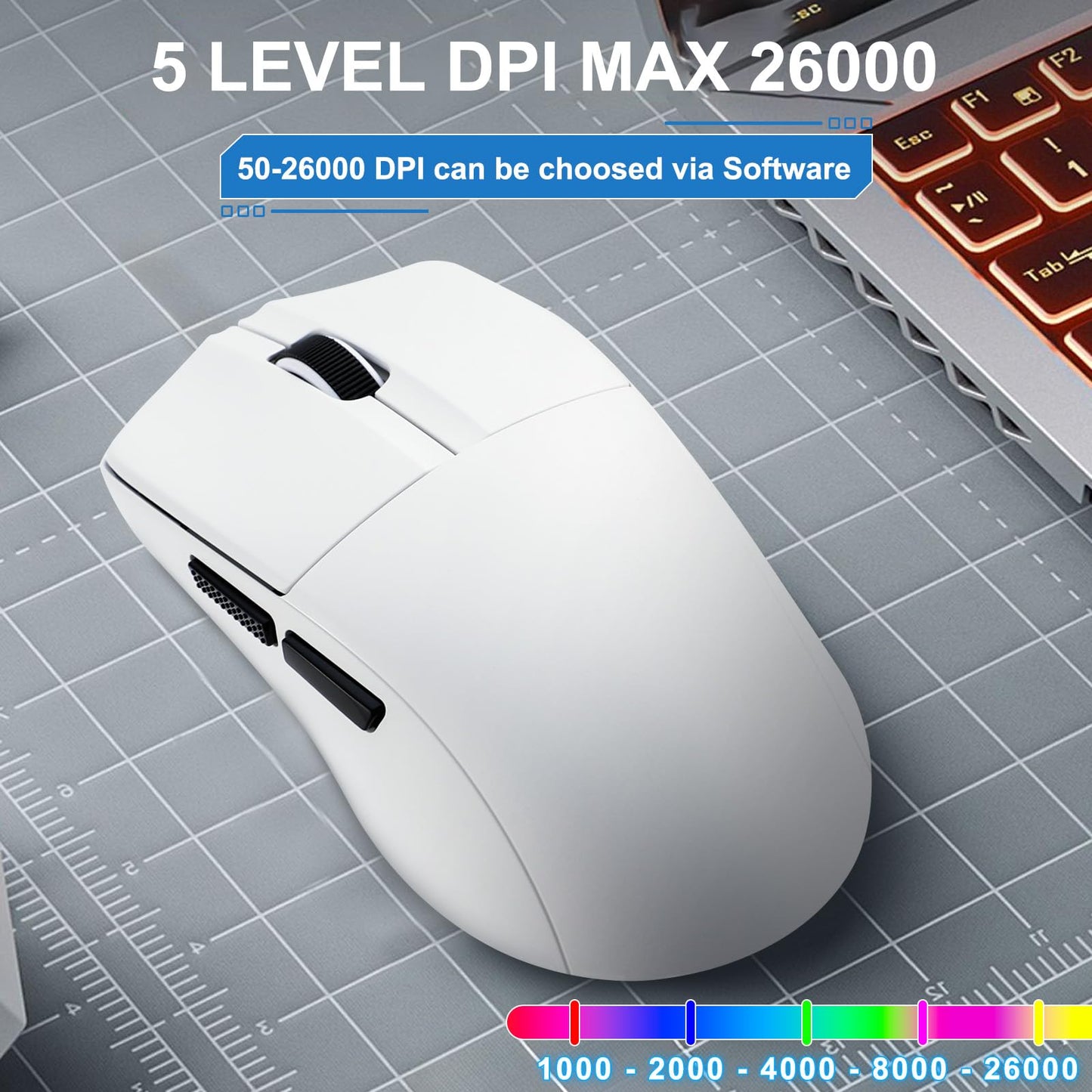 HUO JI Wireless Gaming Mouse - 49g Ultra-Light, 26,000 DPI, Bluetooth 5.1, 150 Hr Battery, Model X-44, White