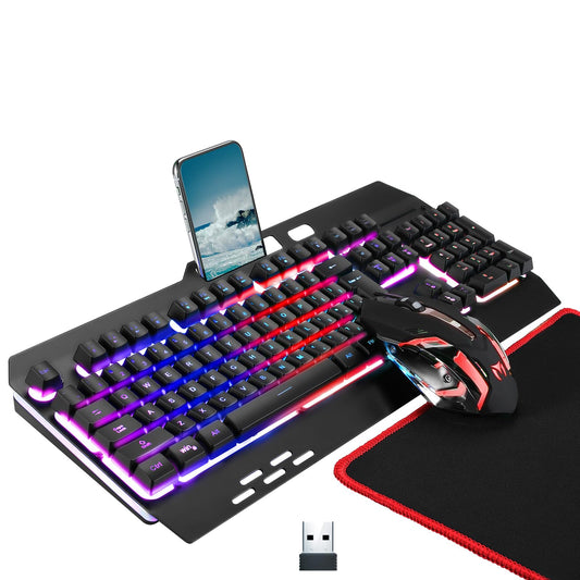 Cakce Wireless RGB Gaming Keyboard and Mouse - Rechargeable, Metal Panel, Black, 7 Colors, Long Battery Life, Includes Mouse Pad