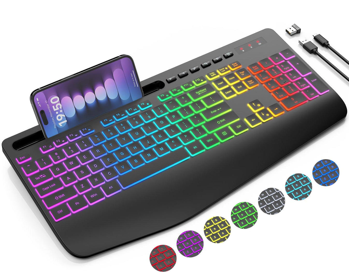 SABLUTE Wireless Keyboard KN213 PRO, Full-size, Pure Black, Ergonomic, Rechargeable, 9 Backlit Effects, Silent Keys for PC/Mac