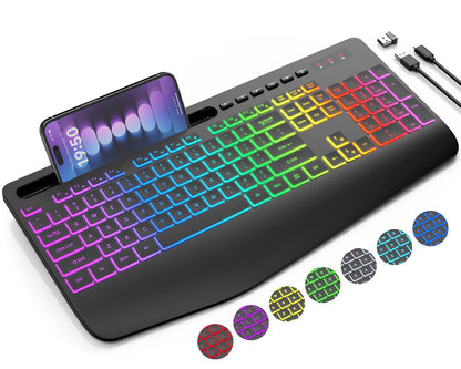 SABLUTE Wireless Keyboard KN213 PRO, Full-size, Pure Black, Ergonomic, Rechargeable, 9 Backlit Effects, Silent Keys for PC/Mac