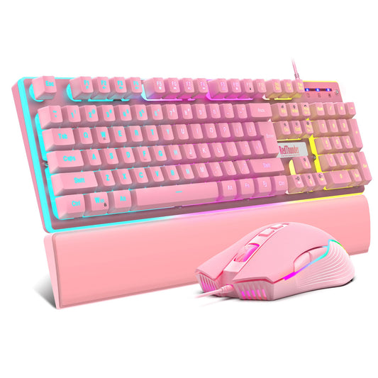RedThunder K10 Wired Gaming Keyboard and Mouse and Wrist Rest Combo  RGB Backlit  Mechanical Feel Anti-ghosting Keyboard + 7D 7200 DPI Mice+Soft Leather Wrist Rest 3 in 1 PC Gamer Accessories(Pink)