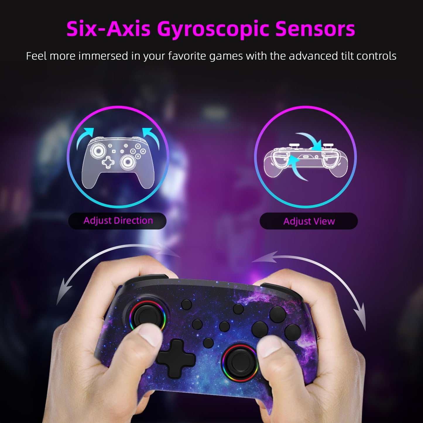 NexiGo Wireless Controller for Switch 2 & Switch, Bluetooth, Vibrating, Motion, Turbo, LED Light, Cosmic Nebula, Model NS32-A2 BLK-2