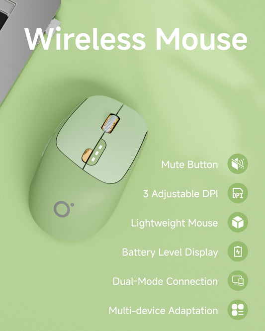 SEUNKWANG Q5 Wireless Mouse - Bluetooth & 2.4G, 1600 DPI, Ergonomic, Quiet, Green