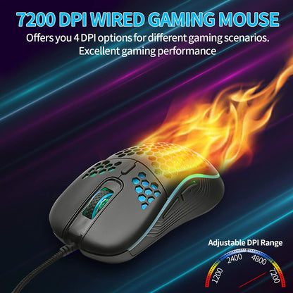 Techsea Honeycomb Wired Gaming Mouse - RGB Backlight, 7200 DPI, Ergonomic, Lightweight, USB, Black