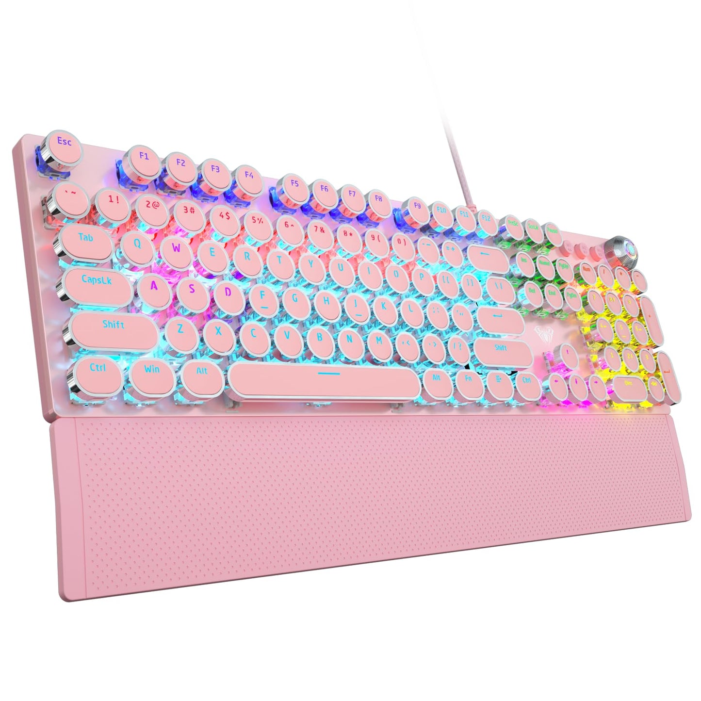 AULA F2088 Typewriter Mechanical Keyboard  Pink Retro Wired Gaming Keyboard with Blue Switches  Rainbow Backlit  Round Keycaps  Media Knob & Removable Wrist Rest