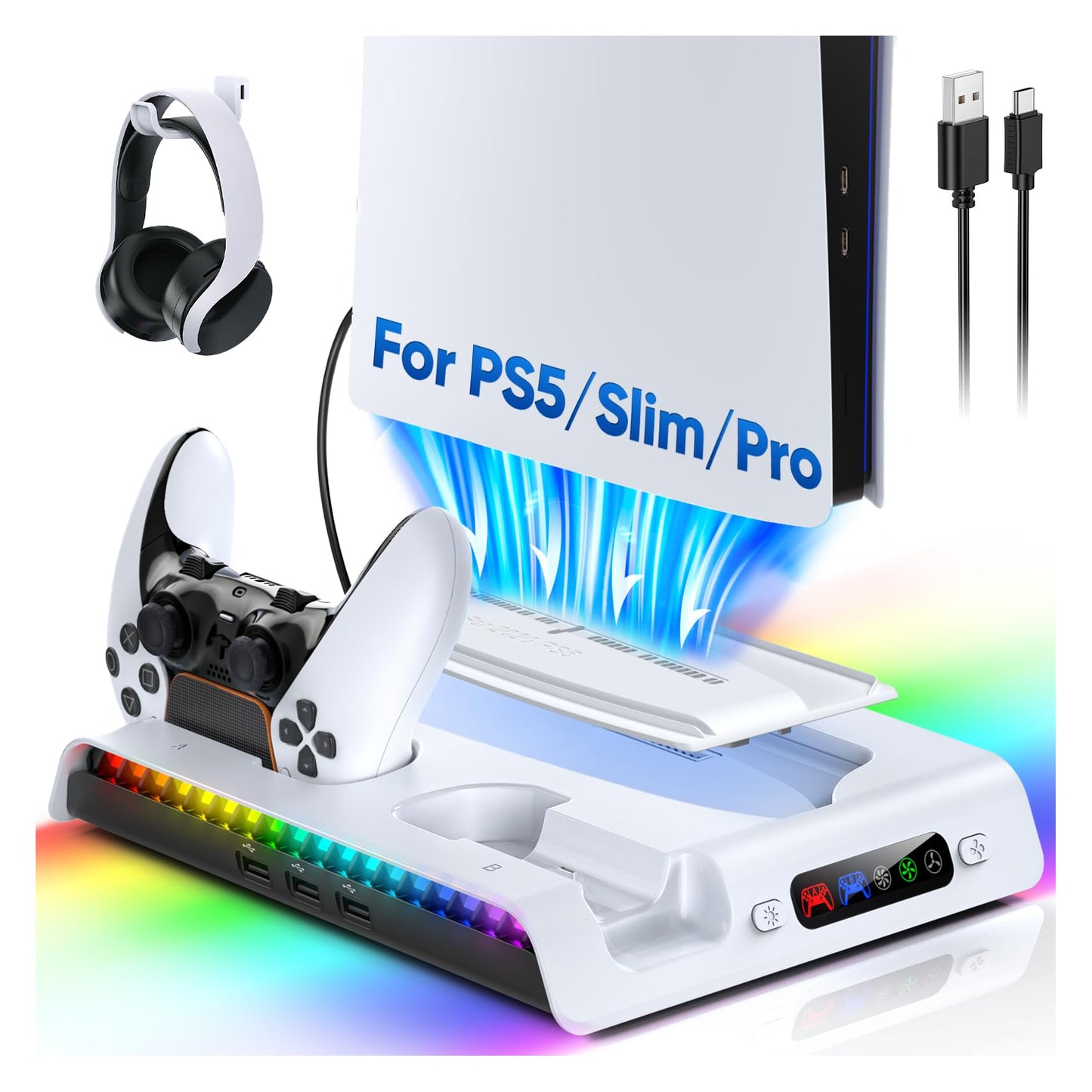 FASTSNAIL Charging Stand with Cooling Fan for PS5 Original/Slim/Pro  Dual Controller Charger Station with 9 RGB Lights  Headset Hook  3 Cooler Fans and LED  Accessories Kit for PS5/Slim/Pro Console