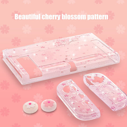 ECHZOVE Switch Clear Glitter Case - Cherry Blossom Design with Cat Pattern, TPU Material, Includes 2 Thumb Grips & Tempered Glass Protector