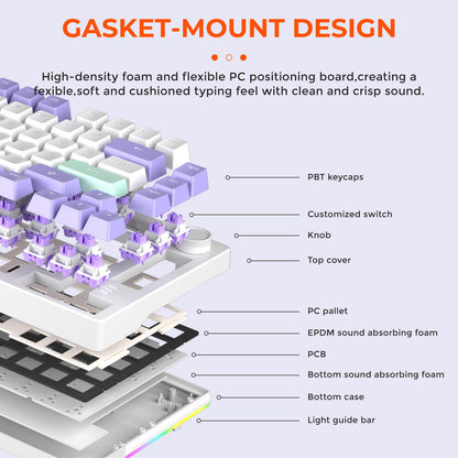 DAREU EK75PRO Wireless Gaming Keyboard - 75% RGB, Hot-Swappable, Mystic Violet, 81 Keys, HIFI Dream Switch, Gasket Mount, USB-C/BT5