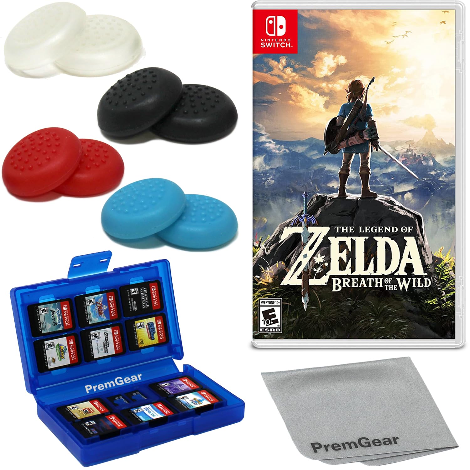 The Legend of Zelda: Breath of the Wild for Nintendo Switch (US Version)  with PremGear Thumb Grips (8 pack - Black  Blue  Red & Clear)  24 Slot Game Card Holder & Cleaning Cloth