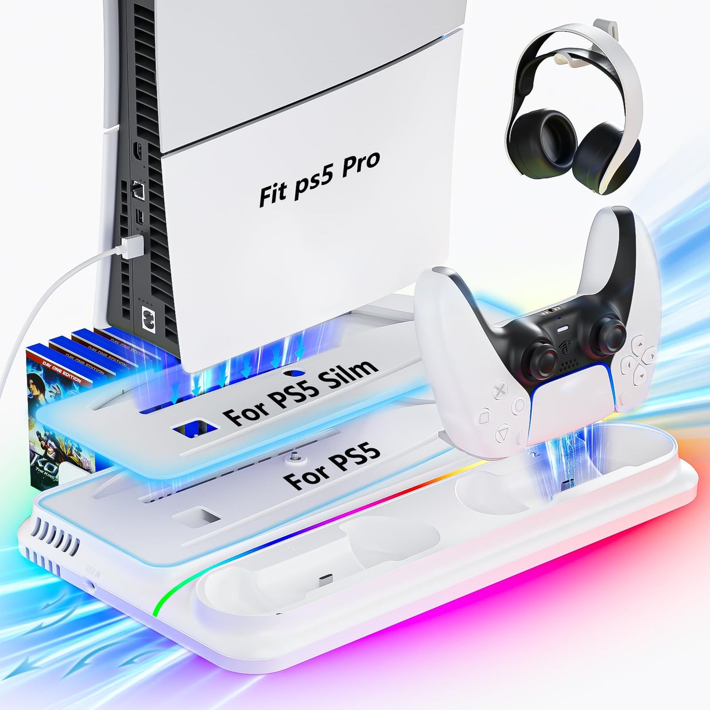 cocubal PS5/ Slim/Pro Stand and PS5 Cooling Station with Dual Controller Charger 3 Level Fan 3 USB Hub Fast Charge drive 9 RGB Light hard Slim Stand for All Disc & Digital Console Playstation 3 skins