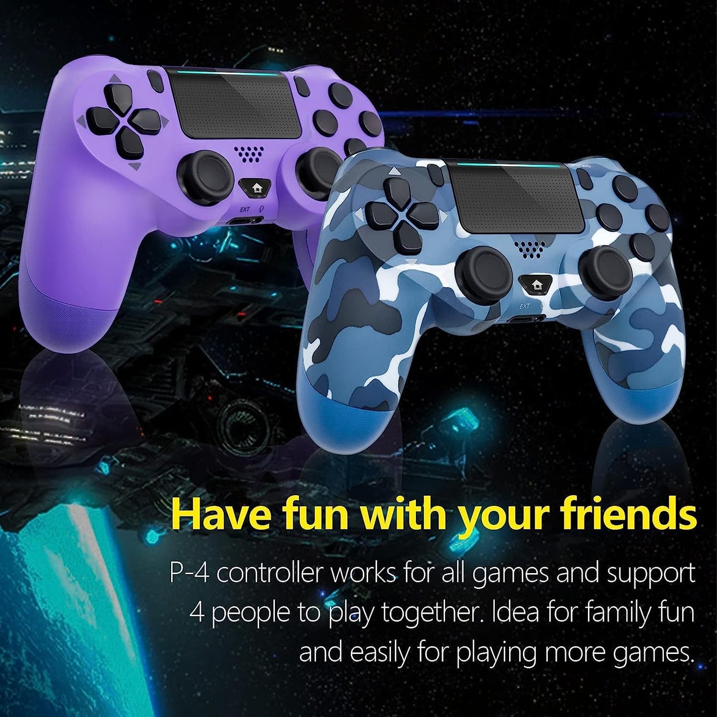 Wireless PS4 Controller 2 Pack - 6-Axis Motion Sensor, Touch Pad, Purple & Camo Blue