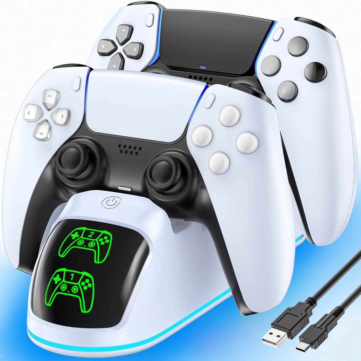 Rysker PS5 Controller Charger - Dual Charging Dock with RGB Light, Fast Charging for Dualsense & Edge, White