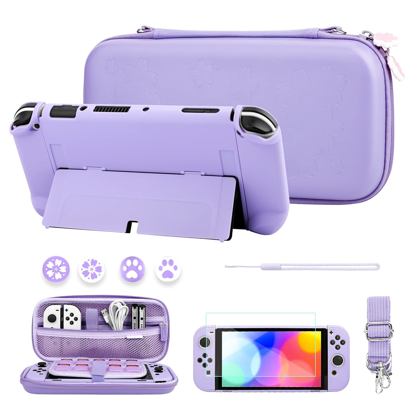 FUNDIARY Purple Travel Carrying Case for Nintendo Switch OLED with Sakura Design Portable Accessories Kit with Slim Storage Bag  Dockable PC Skin Case  Screen Protector  Shoulder Strap & 4 Thumb Caps