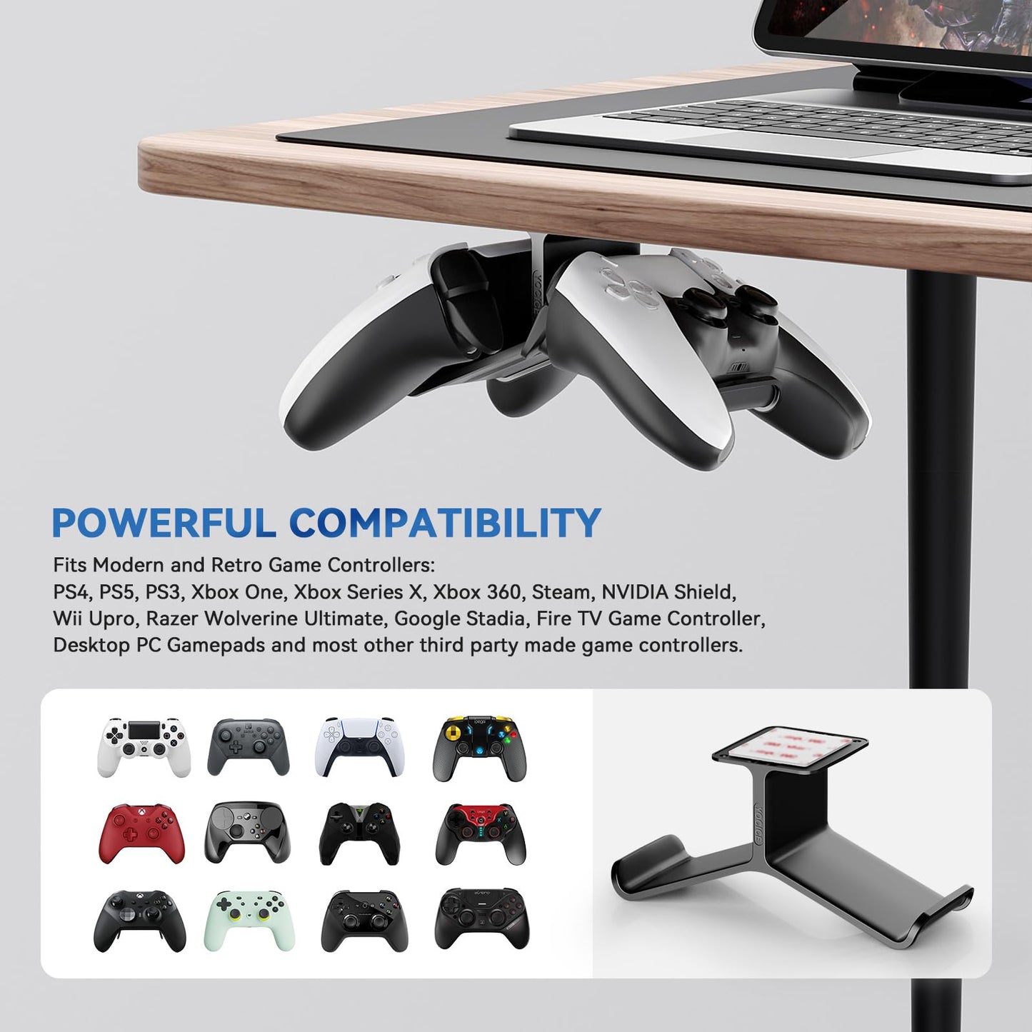 Yocice Controller Holder & Headphone Stand, Under Desk Design, Strong Double Sided Tape, Compatible with Xbox ONE, PS5, PS4, PC, Black