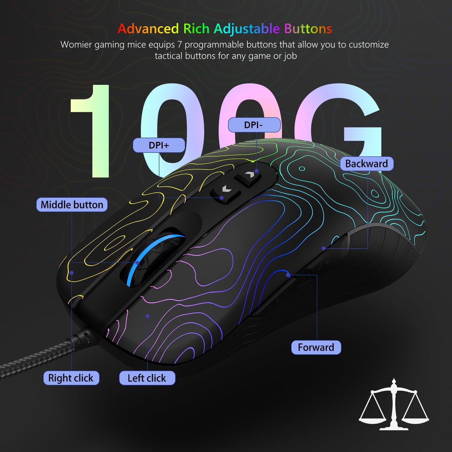 Womier Wired Gaming Mouse 12800 DPI RGB, 7 Programmable Buttons, Black Gamer Mouse for Laptop PC Mac Windows (G706)