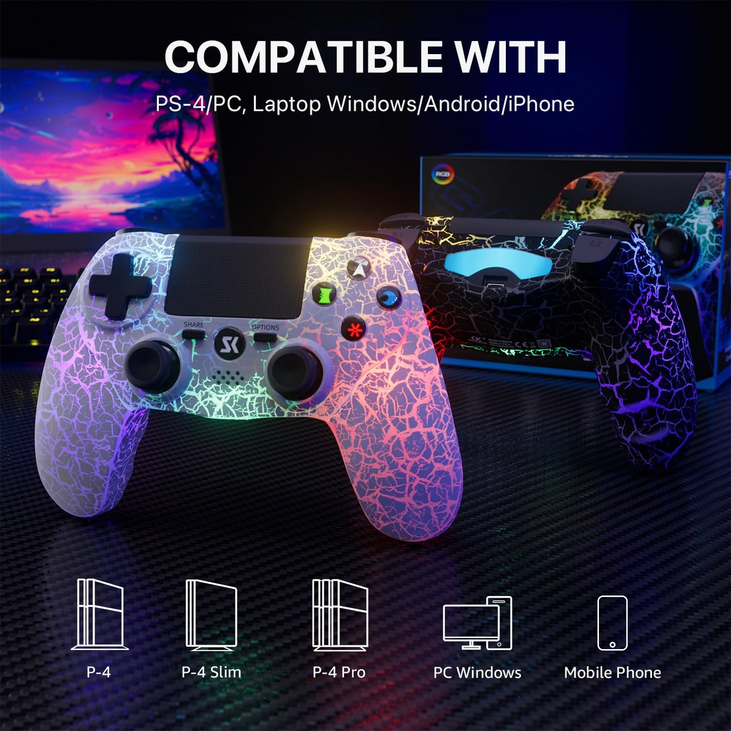 ISHAKO Wireless Controller for PS4/PS3/PC/iOS/Android - RGB Lights, Dual Vibration, 1000mAh Battery, Model SN415LW, White