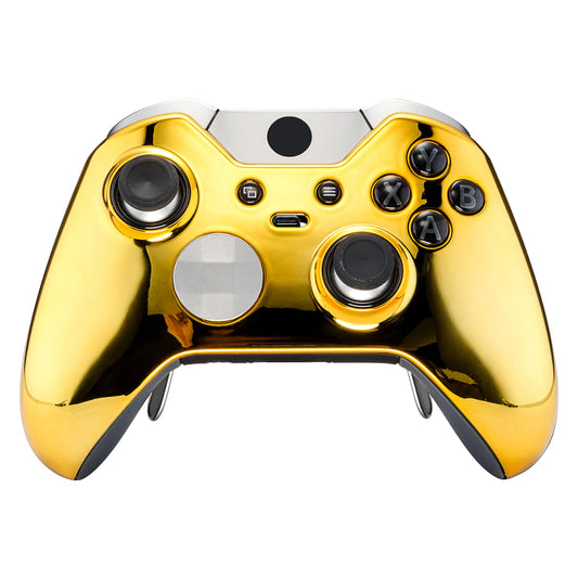 eXtremeRate Chrome Gold Replacement Faceplate Front Housing Shell with Thumbstick Accent Rings for Xbox One Elite Remote Controller Model 1698 - Controller NOT Included