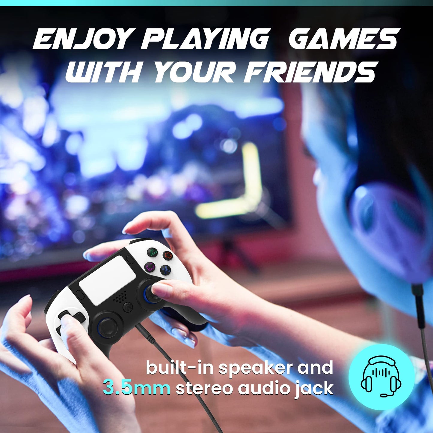 megacom Wireless Bluetooth Controller for P4/PC - Gamepad with Remap Keys, Dual Vibration, Rechargeable Battery, White