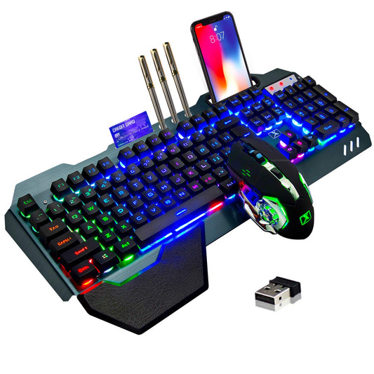 Wireless gaming Keyboard and Mouse Rainbow Backlit Rechargeable Keyboard Mouse with 3800mAh Battery Metal Panel Removable Hand Rest Mechanical Feel Keyboard and 7 Color Gaming Mute Mouse for PC Gamers