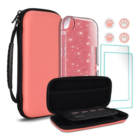 TIKOdirect Carrying Case for Nintendo Switch lite Shockproof Portable Travel Bag with Large Storage  Glitter Galaxy cover  Screen Protectors  Cute Cat Claw Thumb Grips Caps  Coral