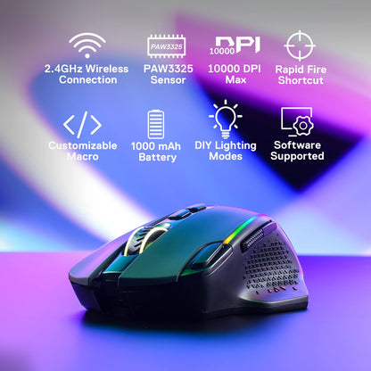 Redragon M810 Pro Wireless Gaming Mouse - 10000 DPI, RGB Backlit, 8 Macro Buttons, Black