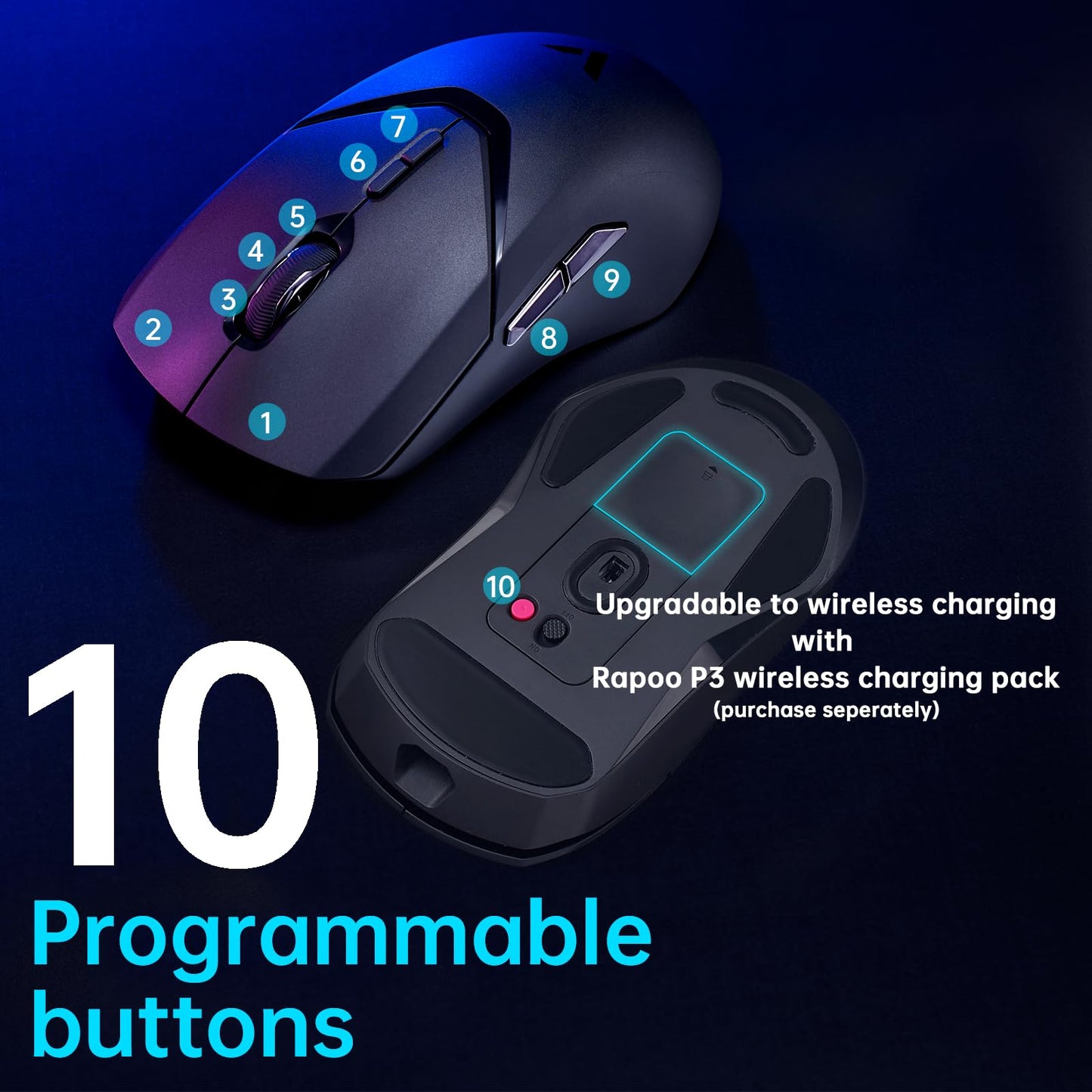 Rapoo VT9Pro Wireless Gaming Mouse - 26000 DPI, 1ms Response, 10 Programmable Buttons, Lightweight, Black