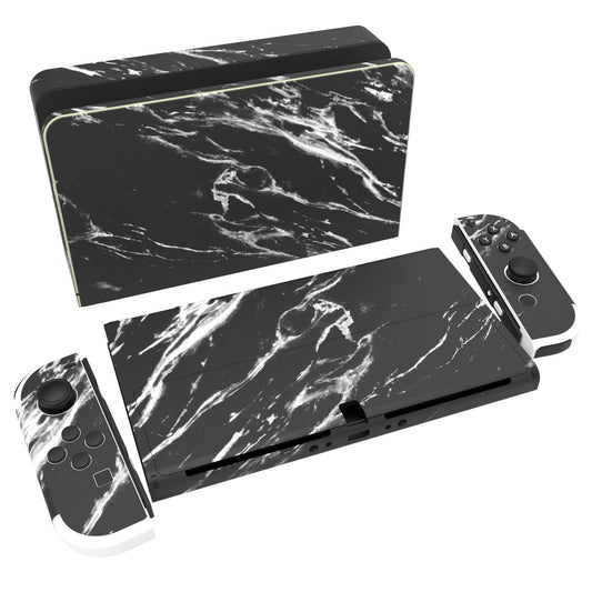 PlayVital Full Set Protective Stickers for Nintendo Switch OLED Model  Customized Vinyl Decal Skins for Switch OLED Console & Joycon & Dock & Grip - Modern Black Marble