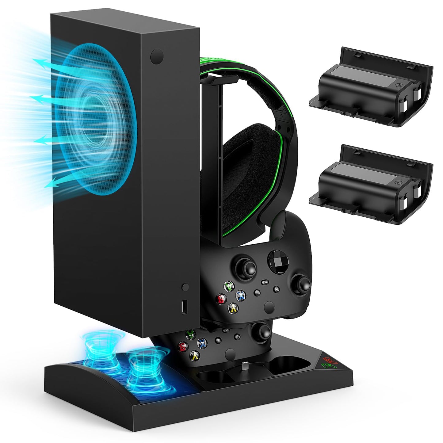 MENEEA Charger Stand with Cooling Fan for Xbox Series S, Vertical Dual Dock, 2 x 1400mAh Batteries, Black, Model PG-XBS013