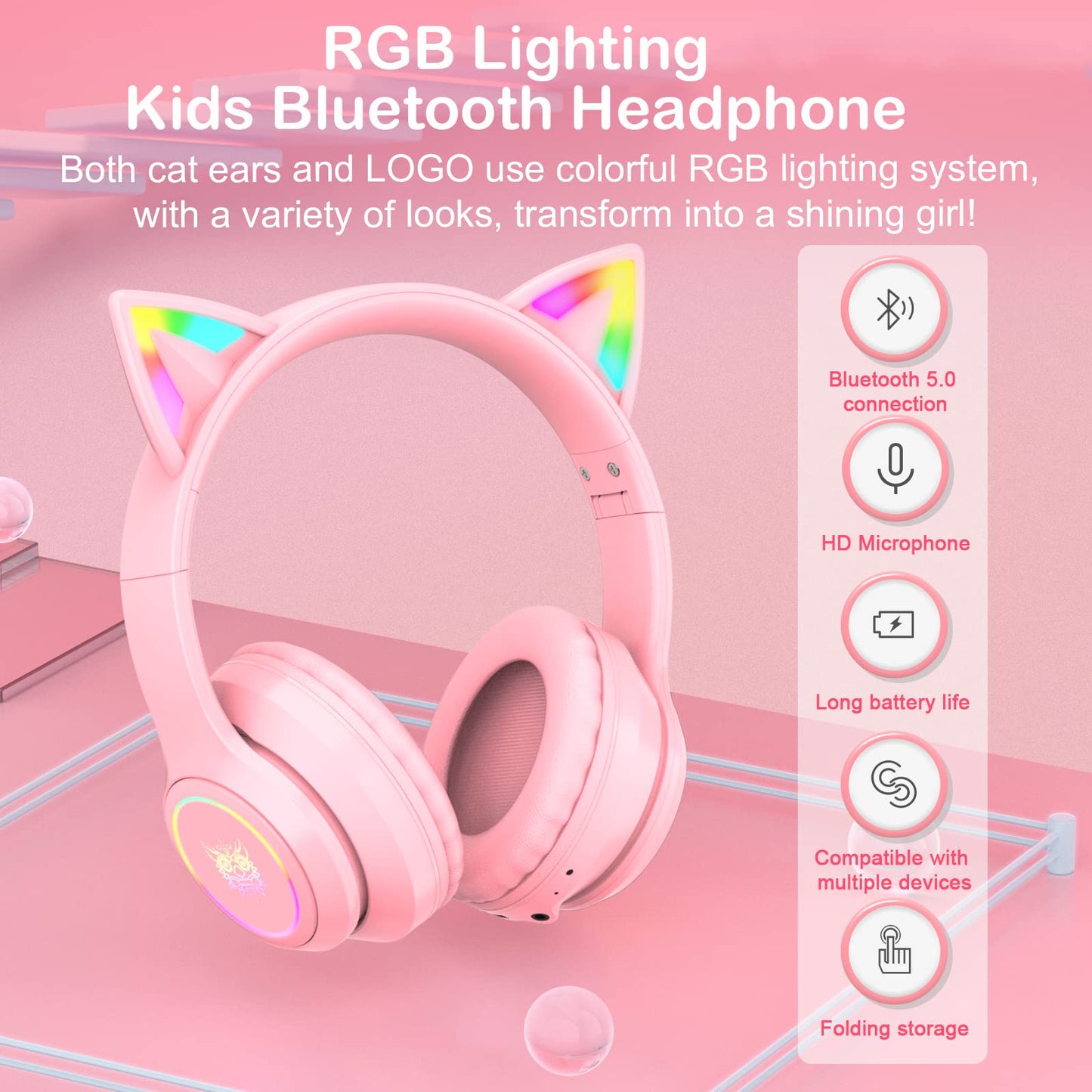 SIMGAL B90 Bluetooth Cat Ear Headphones for Kids - Foldable, Wired/Wireless, Pink, with Mic & RGB LED Light
