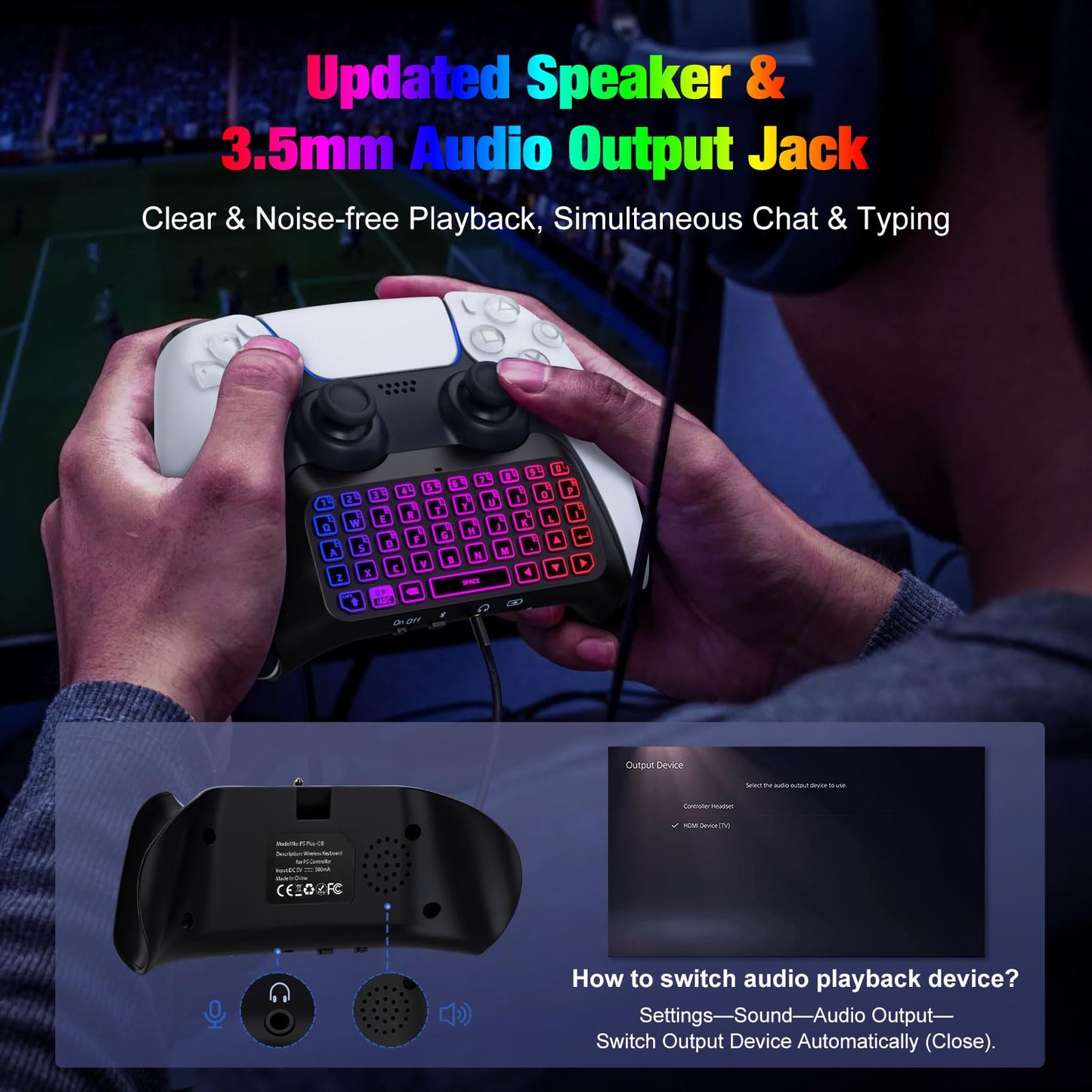 MoKo RGB Backlight Keyboard for PS5 Controller, Bluetooth Mini Gamepad with Speaker & 3.5mm Audio Jack, Multi Colors, Model P840401400951