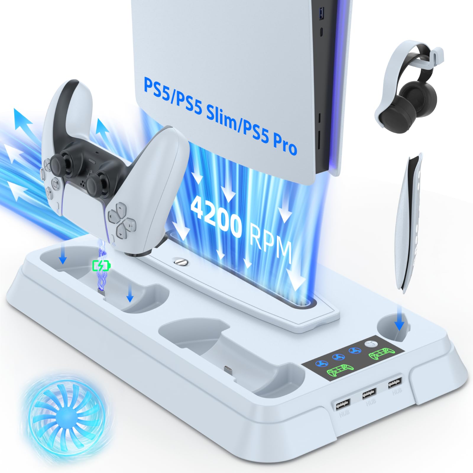 Lictin PS5 / PS5 Pro / PS5 Slim Stand and Cooling Station  Controller Charging Station for PlayStation 5 Console  PS5 Stand with Controller Charger for Disc & Digital  PS5 Holder with Cooling Fan