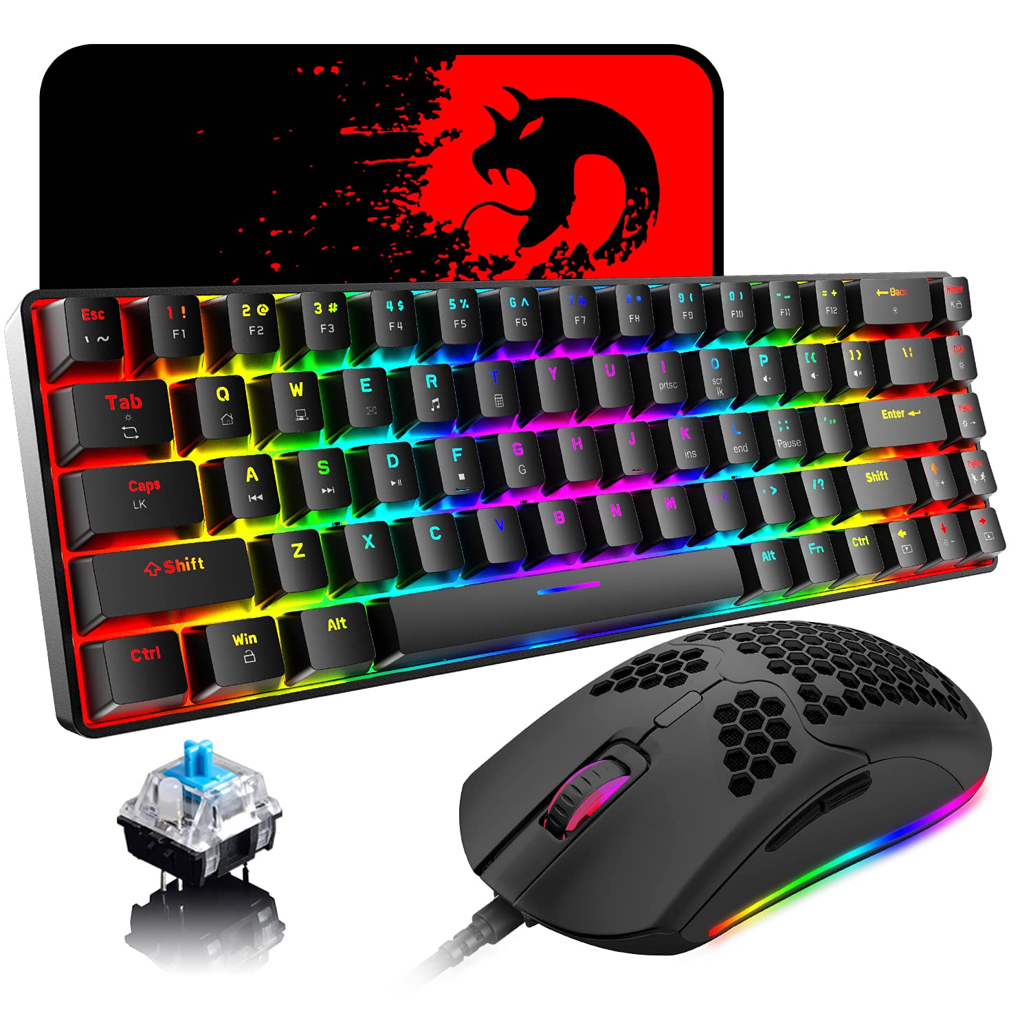 65% Wired Gaming Mechanical Keyboard and Mouse Combo  Mini 68 Keys  RGB Backlight  Lightweight RGB 6400DPI Honeycomb Optical Mouse Mouse Pad Compatible with PS4 Xbox PC Laptop MAC (Black/Blue Switch)