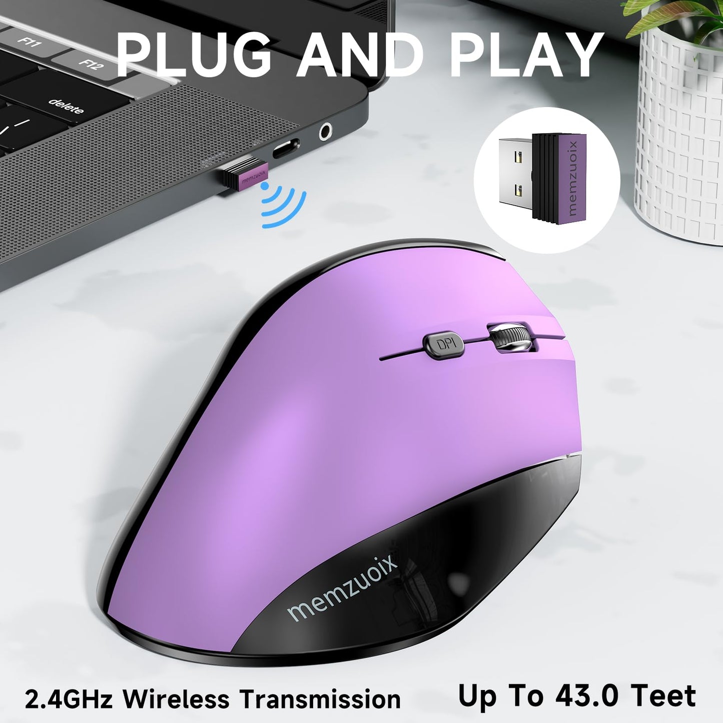 memzuoix Ergonomic Vertical Wireless Mouse - 2.4G Optical, Large Size, Right-Handed, Purple, Model WM-791