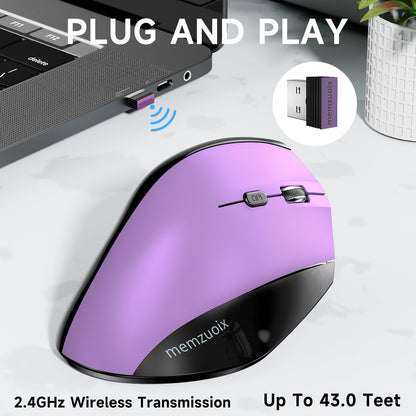 memzuoix Ergonomic Vertical Wireless Mouse - 2.4G Optical, Large Size, Right-Handed, Purple, Model WM-791
