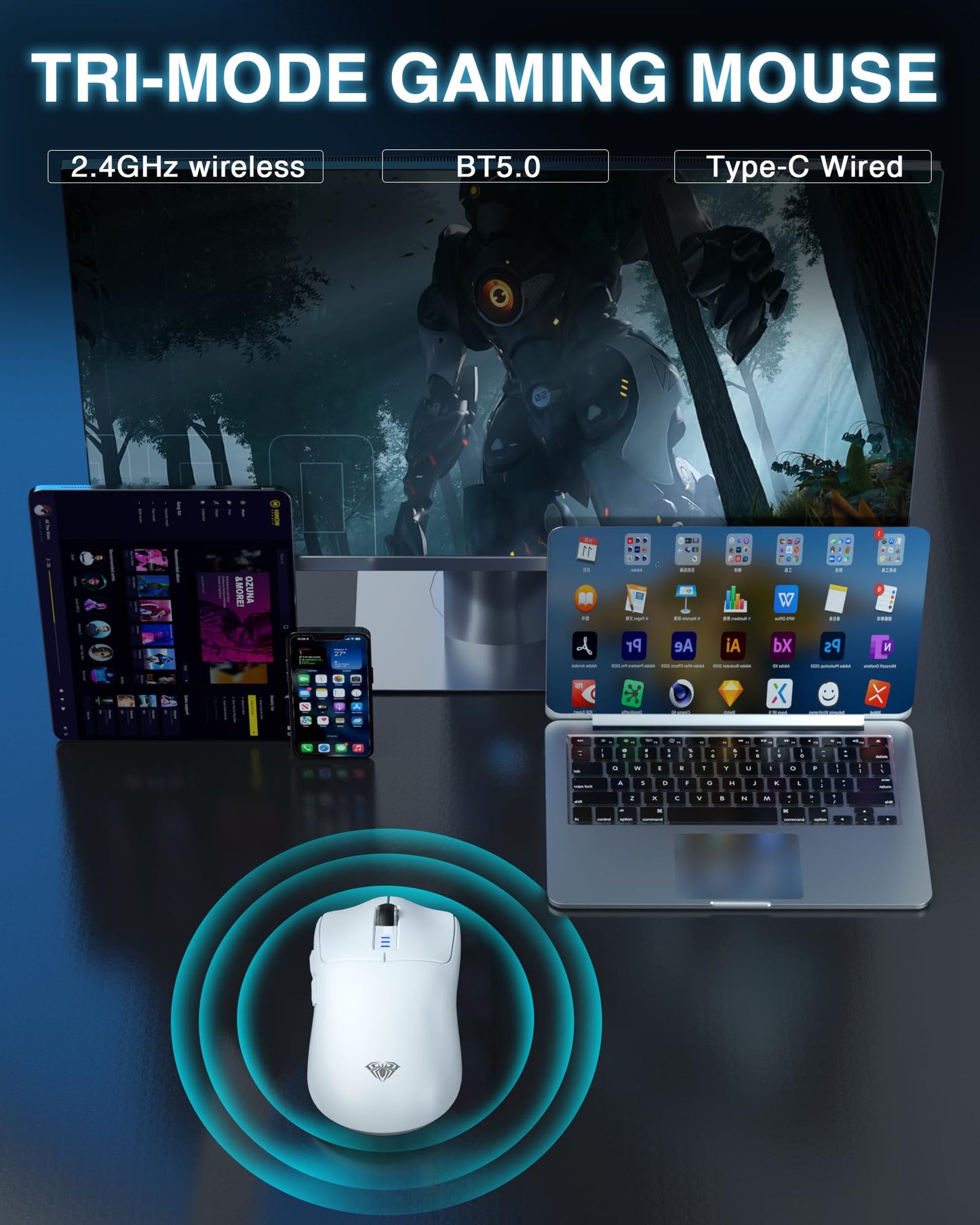 AULA SC580 Wireless Gaming Mouse - 12000 DPI, Tri-Mode 2.4G/BT5.0/USB-C, Ergonomic Design, White