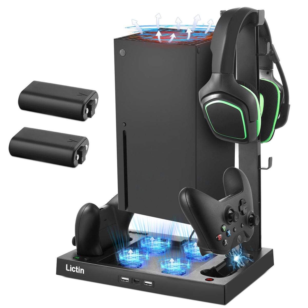 Lictin Cooling Fan Charging Station for Xbox Series X Console & Controller  Upgraded 4 Cooler Fan System Stand  Vertical Dual Charger Station Dock Accessories with 2 x 1400mAh Rechargeable Battery
