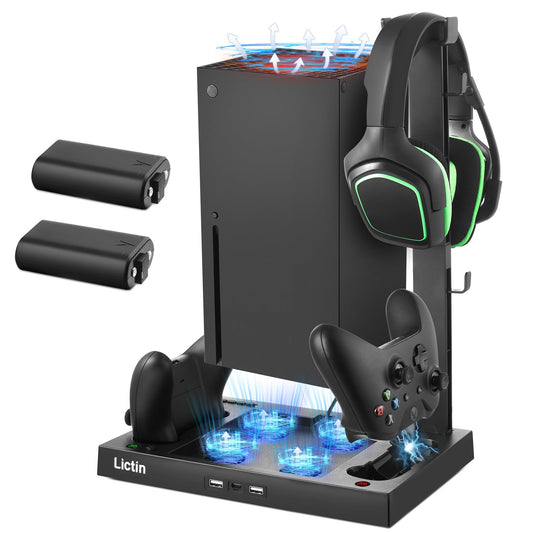 Lictin Cooling Fan Charging Station for Xbox Series X Console & Controller  Upgraded 4 Cooler Fan System Stand  Vertical Dual Charger Station Dock Accessories with 2 x 1400mAh Rechargeable Battery