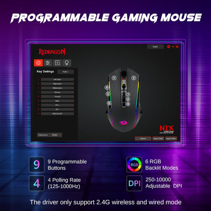 Redragon M914P Wireless Gaming Mouse - Tri-Mode 2.4G/USB-C/Bluetooth, 12000 DPI, RGB Backlit, Black