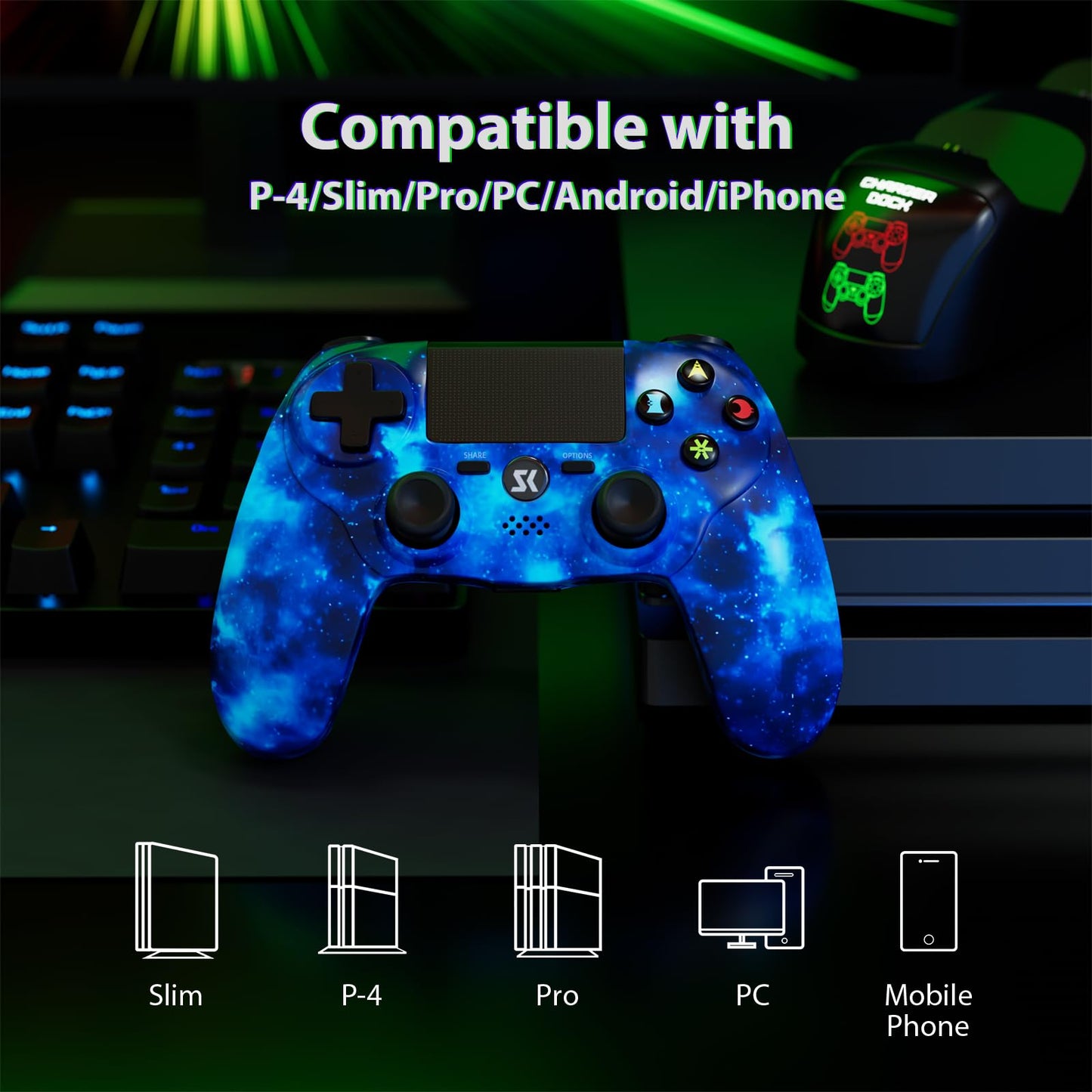 CHENGDAO Wireless Controller for PS4 - RoyaBlue Style, Double Shock, Touch Pad, Audio Function, Compatible with PS4/Pro/Slim/PC