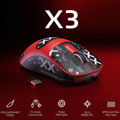 ATTACK SHARK X3 Wireless Gaming Mouse - Tri-Mode 2.4G/USB-C/Bluetooth, 26K DPI, Red, Includes Anti-Slip Stickers