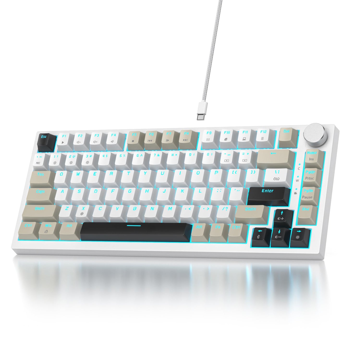 Owpkeenthy 75% Keyboard  82 Key Gasket Mounted Mechanical Gaming  Wired RGB Backlit NKRO Compact Hot Swappable Keyboard with Volume Knob for PC Laptop (82 Gray White)